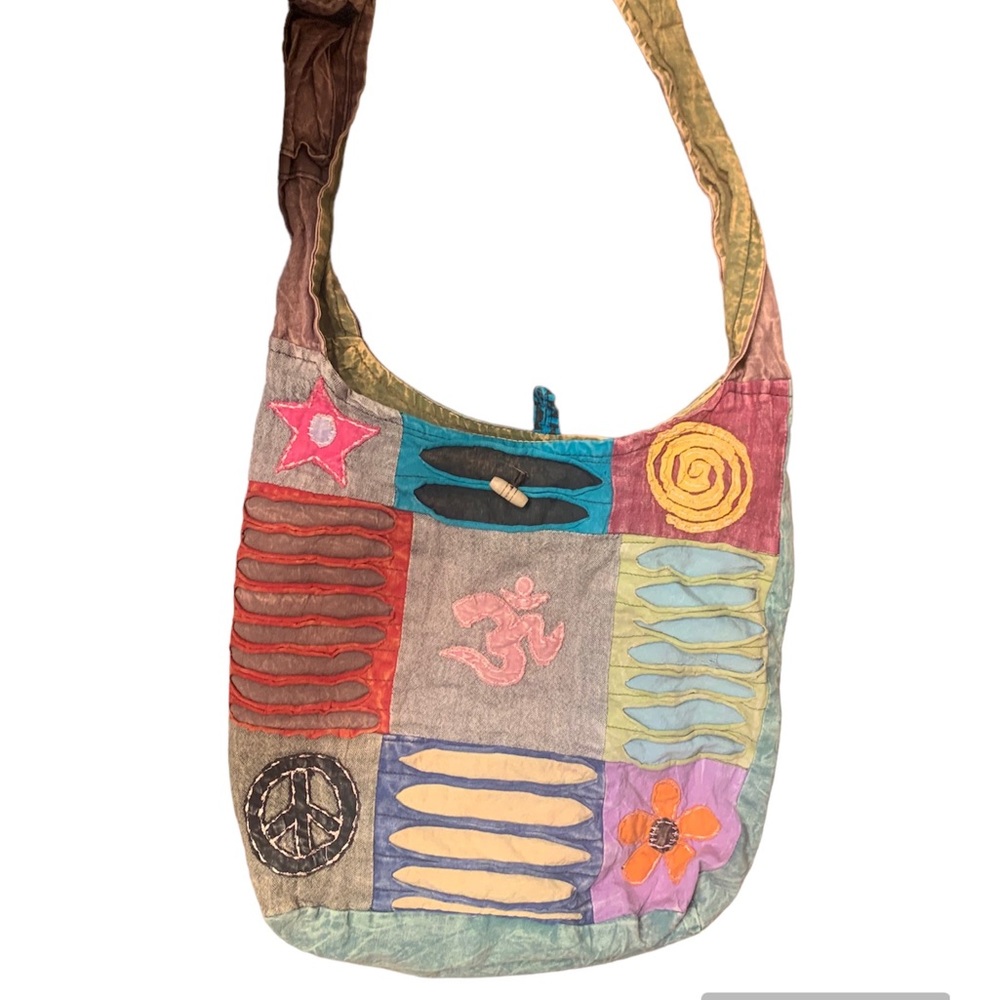 Boho tote with peace ☮️ sign, om symbol, other designs VINTAGE, no maker mark